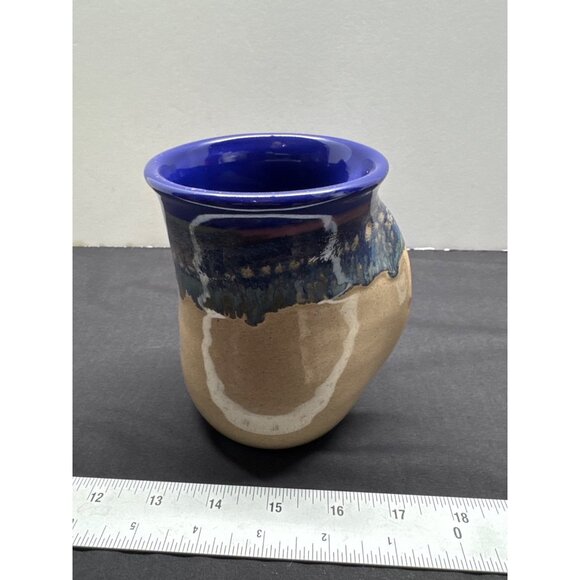 Handcrafted Left Handed Ceramic Mug With Blue Glaze & Tan Base - Picture 4 of 7
